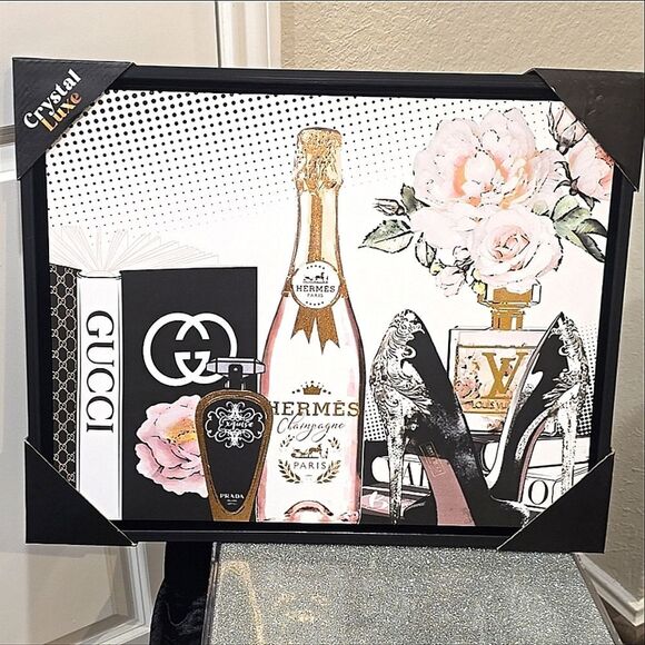 Crystal Luxe Hermes & Gucci Champagne and Floral Framed Canvas Wall Decor - Picture 3 of 5